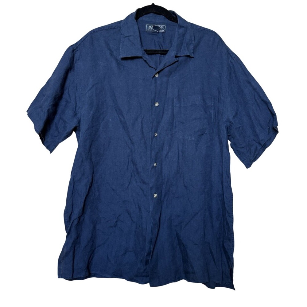 Harold Powell Men's 100% Linen Button Up Short Sleeve Shirt Size L Navy